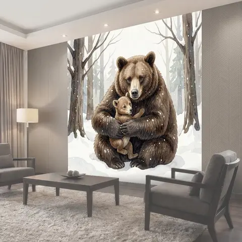 Фотообои Медведица и медвежонок в снегу