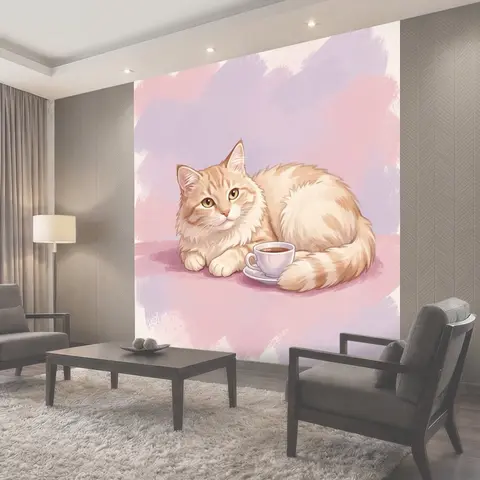 Фотообои Пушистый кот с чашкой кофе