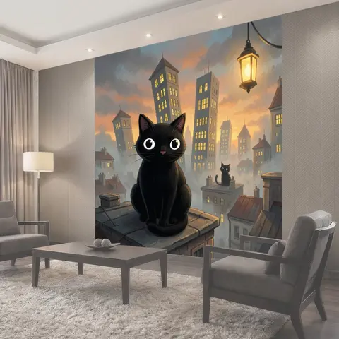 Фотообои Чёрные коты на крышах города