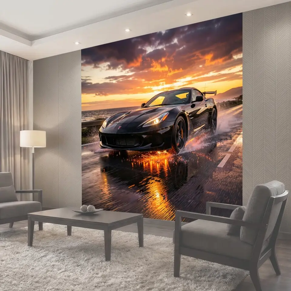 Фотообои Спортивный автомобиль у моря на закате