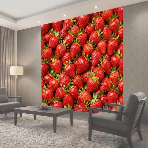 Фотообои Спелая клубника с зелёными листьями