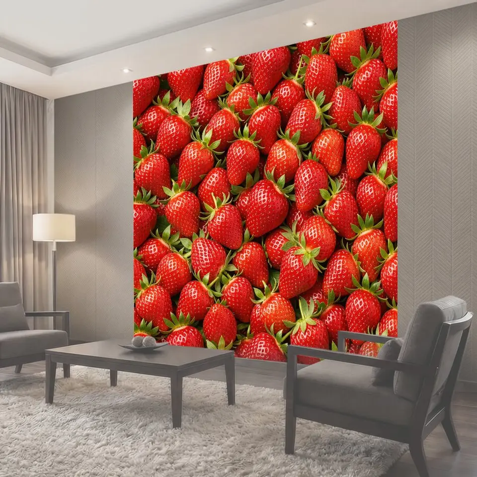 Фотообои Спелая клубника с зелёными листьями