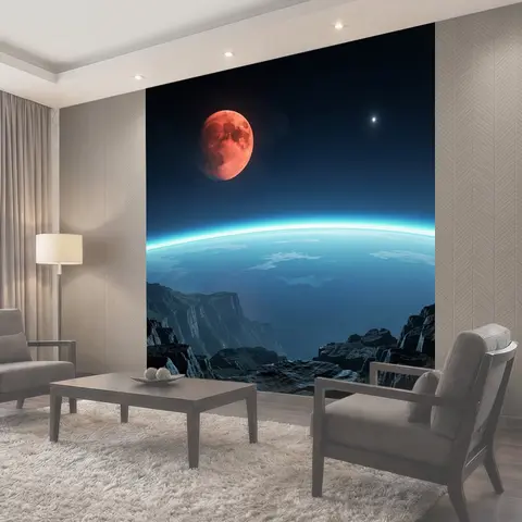 Фотообои Космический пейзаж с красной луной