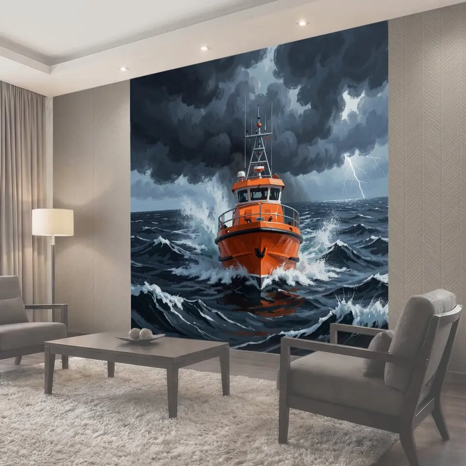Фотообои Оранжевый катер в штормовом море