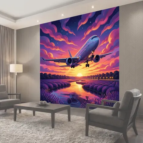 Фотообои Самолёт над закатным пейзажем