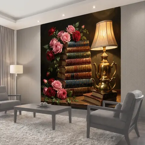 Фотообои Розы, книги и лампа