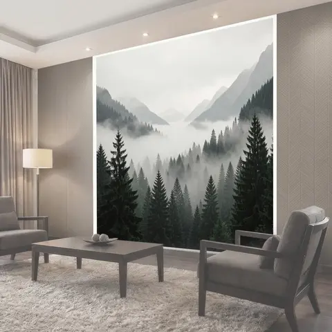 Фотообои Туманные горы и еловый лес