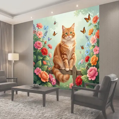 Фотообои Рыжий кот среди цветов и бабочек