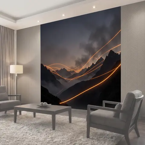 Фотообои Неоновые линии в горном закате