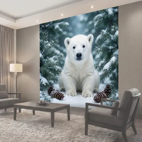 Фотообои Белый медвежонок в зимнем лесу