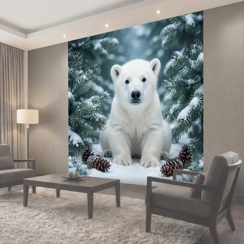 Фотообои Белый медвежонок в зимнем лесу