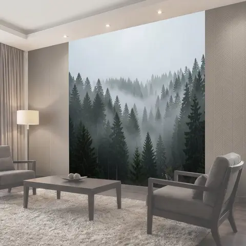 Фотообои Туманный лес с хвойными деревьями