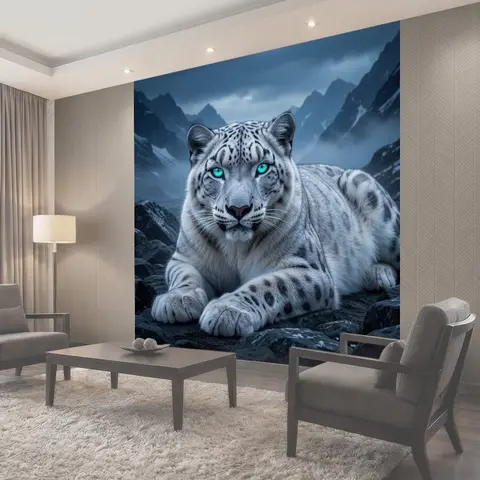 Фотообои Белый снежный барс в горах