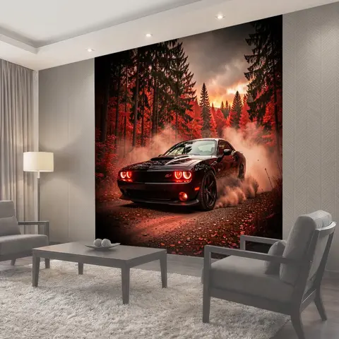 Фотообои Спортивный автомобиль в осеннем лесу