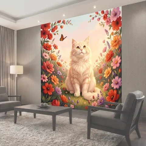 Фотообои Пушистый кот среди цветов