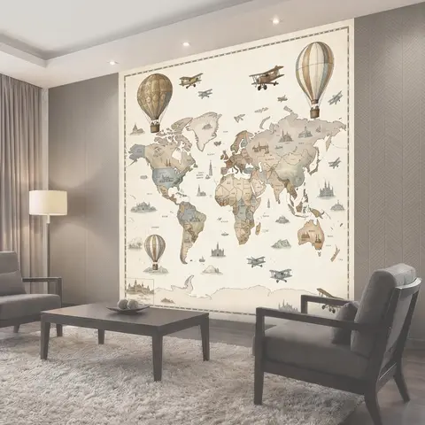 Фотообои Винтажная карта мира с дирижаблями