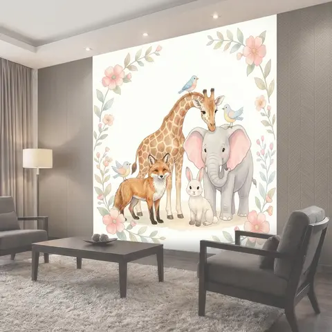 Фотообои Детские животные в цветочной рамке