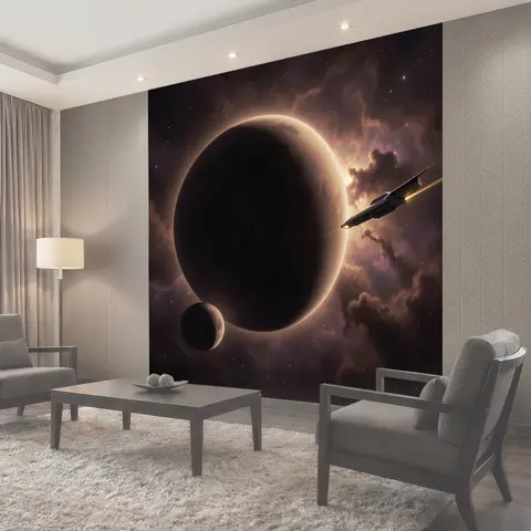 Фотообои Космический корабль у темной планеты