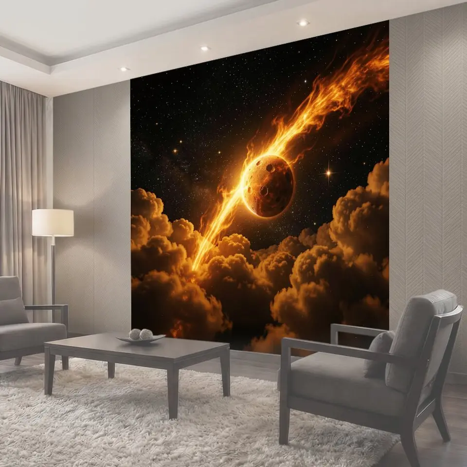 Фотообои Огненный кометный след и планета