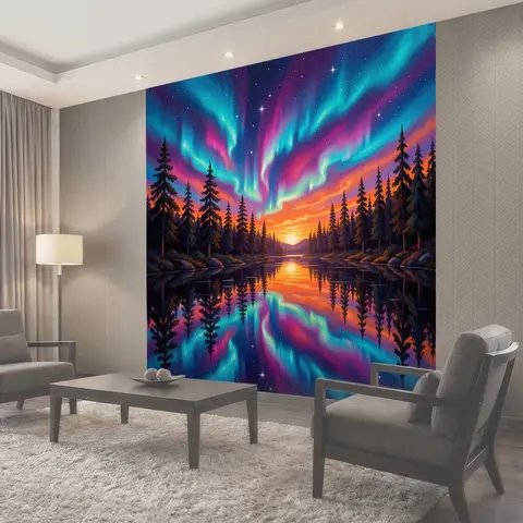Фотообои Северное сияние над лесным озером
