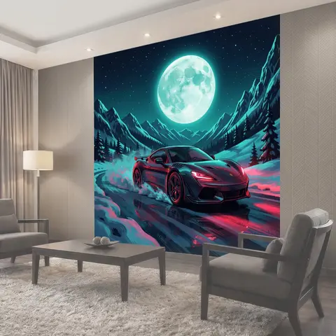 Фотообои Спортивный автомобиль под лунным небом