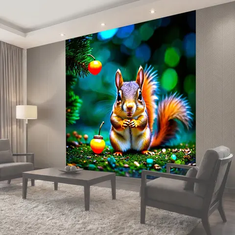 Фотообои Животные в стиле неоновый, очаровательные белки, собирающие неоновые орехи