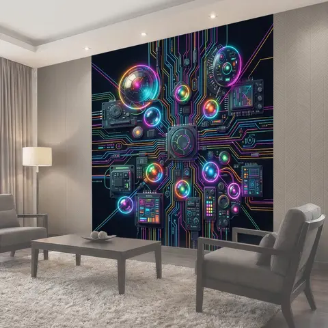 Фотообои Неоновые схемы и киберпанк-компоненты