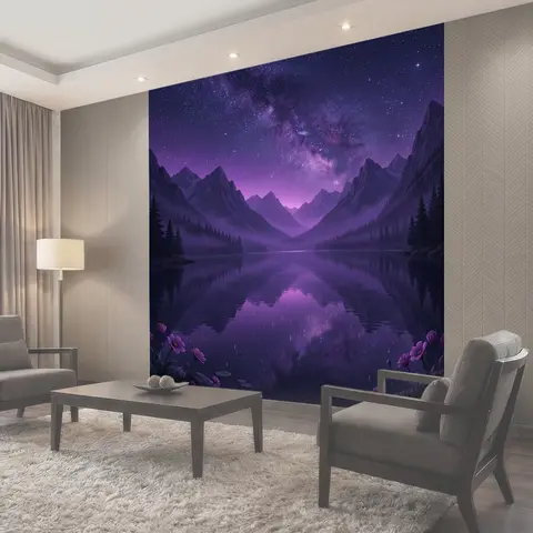 Фотообои Ночное фиолетовое озеро и горы