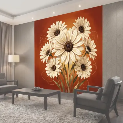 Фотообои Белые ромашки на оранжевом фоне