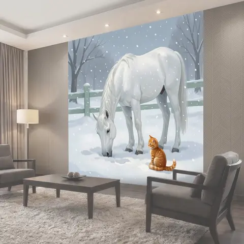 Фотообои Белая лошадь и рыжий кот