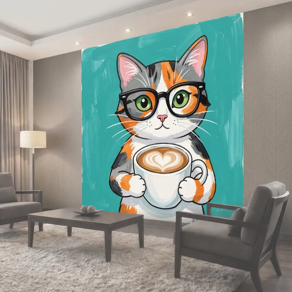 Фотообои Кот в очках с кофе