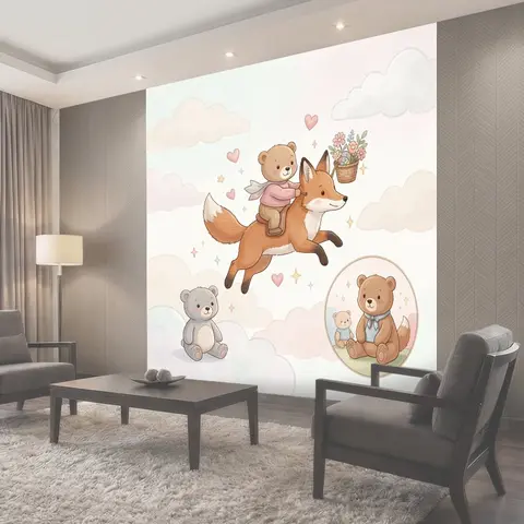 Фотообои Медвежонок на лисе в облаках