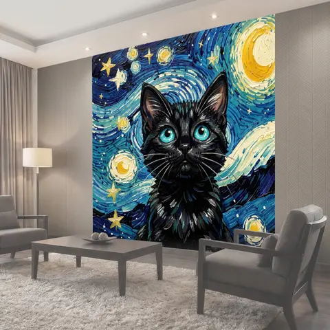 Фотообои Черный кот под звездным небом