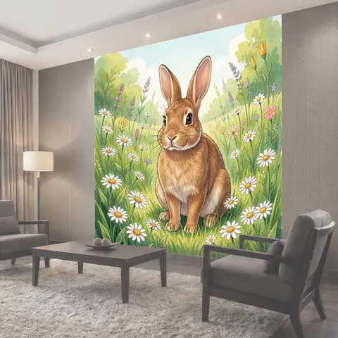 Фотообои Зайчик среди полевых ромашек