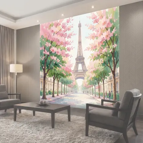 Фотообои Эйфелева башня среди цветущих деревьев