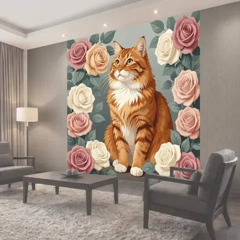 Фотообои Рыжий кот среди роз