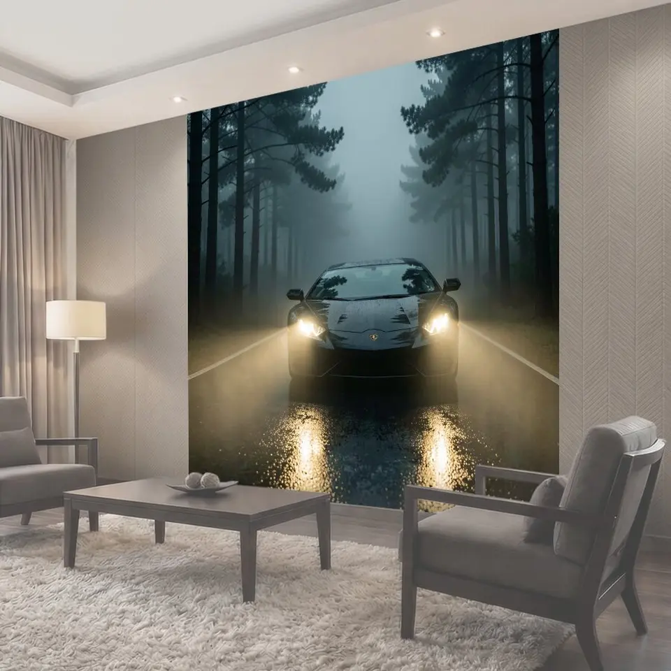 Фотообои Спортивный автомобиль в туманном лесу