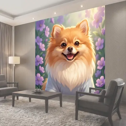 Фотообои Улыбающийся шпиц среди цветов