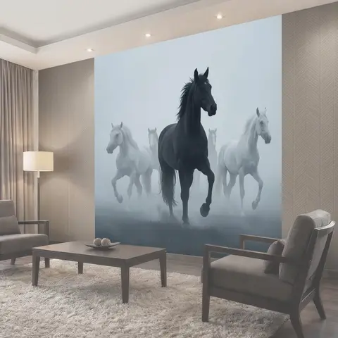 Фотообои Стадо лошадей в тумане