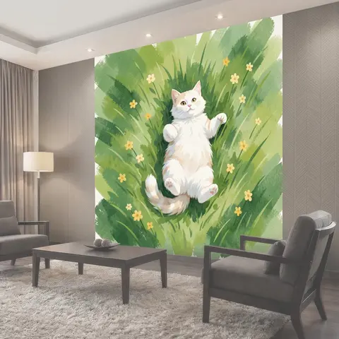 Фотообои Белый кот среди травы и цветов