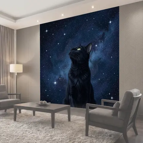 Фотообои Чёрный кот под звёздным небом