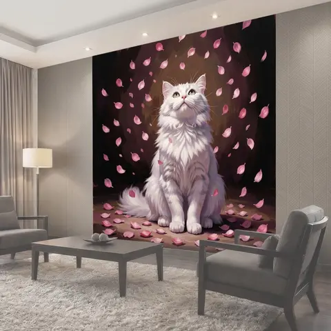 Фотообои Белая кошка под лепестками