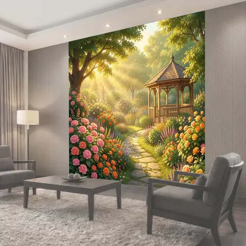 Фотообои Цветущий сад с беседкой