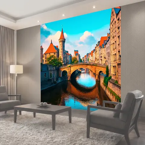 Фотообои Город в стиле ретро с мостами, рекой и средневековыми зданиями, создающими волшебный пейзаж