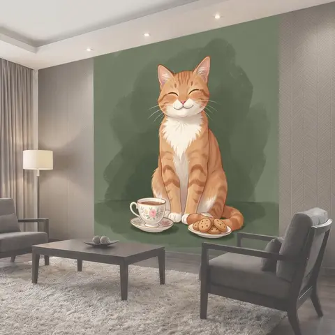 Фотообои Улыбающийся рыжий кот с чаем