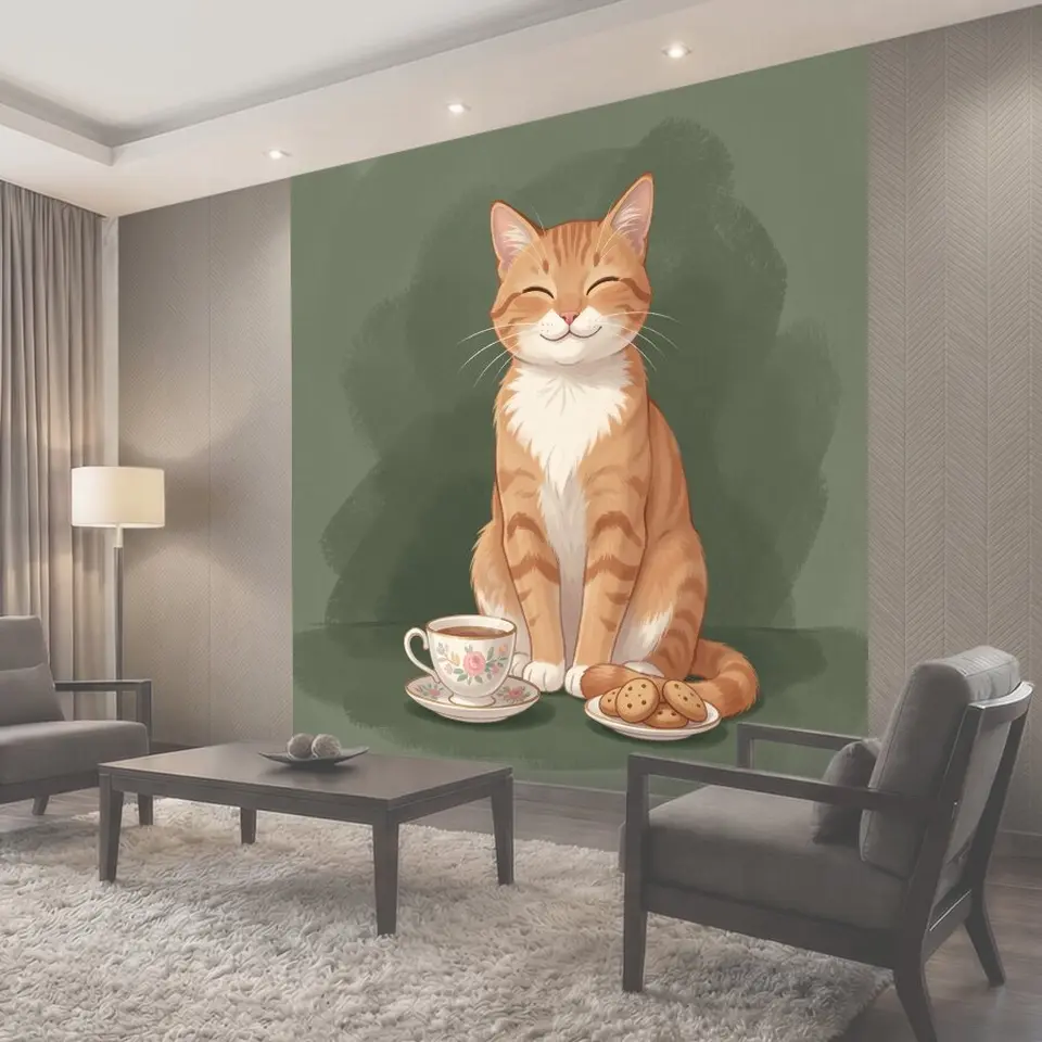 Фотообои Улыбающийся рыжий кот с чаем