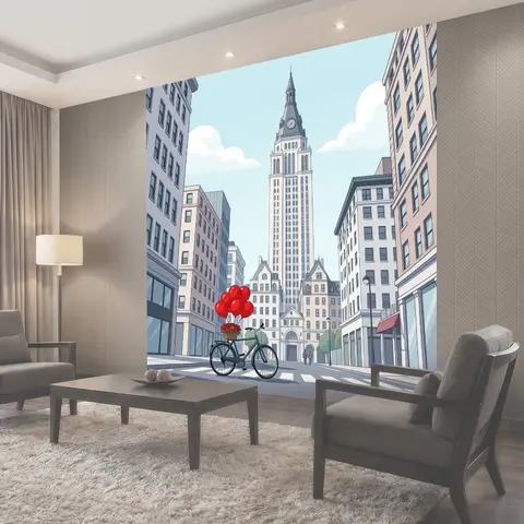 Фотообои Городская улица с велосипедом и шарами