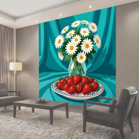 Фотообои Ромашки и клубника в вазе