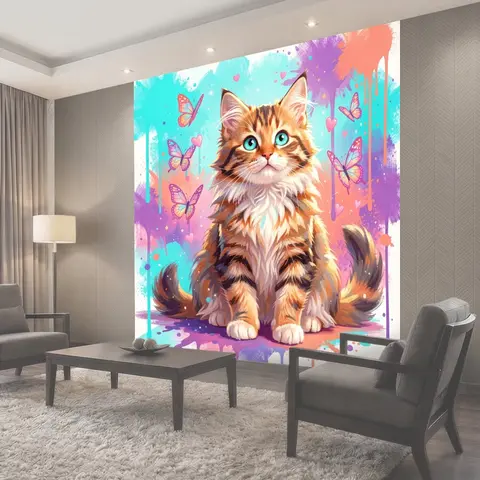 Фотообои Милый полосатый котенок с бабочками