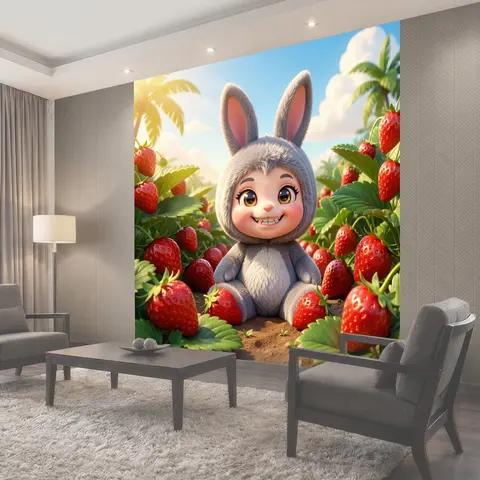 Фотообои Улыбающийся зайчонок в клубничном саду